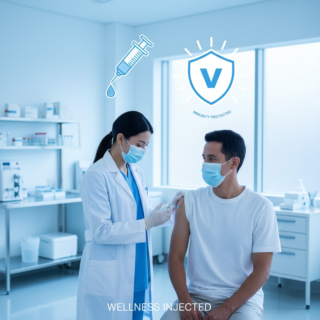 A healthcare worker in a mask and lab coat administers a vaccine to a patient in a clinical setting.