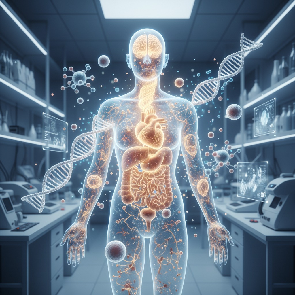A glowing, translucent human figure with visible internal organs and DNA strands stands in a modern laboratory setting surrounded by floating molecular structures.