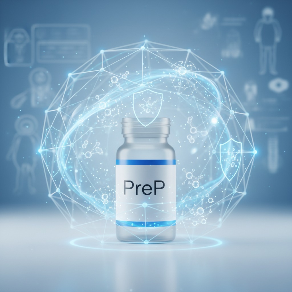 A bottle labeled PreP sits inside a glowing, digital protective sphere surrounded by medical icons.