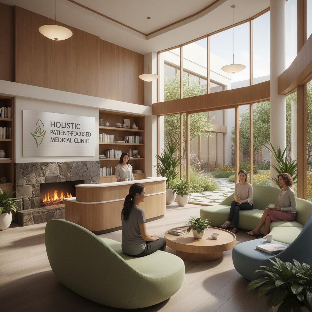 Patients sit in a bright, modern medical clinic waiting room featuring a reception desk, a stone fireplace, and large windows overlooking a garden.